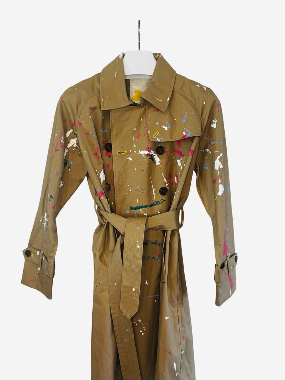 Paint-Splatter Khaki Trench Coat with Belt